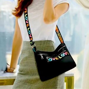 New - Trendy - Square Shaped Design Crossbody Bag with “LOVE” Embroidery - Black